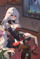  ai-chan_(honkai_impact) bare_shoulders bat_hair_ornament black_dress black_pantyhose black_ribbon blush breasts cleavage dress female hair_between_eyes hair_ornament highres honkai_(series) honkai_impact_3rd indoors large_breasts looking_at_viewer meme painting_(object) pantyhose picture_frame red_eyes ribbon teri_derp_(meme) theresa_apocalypse theresa_apocalypse_(luna_kindred) theresa_apocalypse_(lunar_vow:_crimson_love) torn_clothes torn_pantyhose vampire white_hair window yuan_zhen_(user_pnhx4422) 