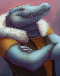  2019 5_fingers alligatorid anthro azurlligator blue_body blue_eyes blue_scales bulging_neck clawed_fingers claws clothed clothing crocodilian crossed_arms digital_media_(artwork) digital_painting_(artwork) eternal_forwardness fangs fingers furred_clothing green_clothing green_topwear green_vest happy hi_res male muscular muscular_anthro muscular_male nathile_tiduna orange_clothing orange_shirt orange_t-shirt orange_topwear pupils reptile scales scalie scutes shirt simple_background slit_pupils smile smiling_at_viewer snout solo symbol t-shirt teeth topwear vest wildernessspirits yellow_scutes 