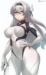  black_bodysuit blush bodysuit breasts commentary covered_navel female firefly_(ar-26710)_(honkai:_star_rail) firefly_(honkai:_star_rail) grey_hair hair_ornament hairband highres hioyami honkai:_star_rail honkai_(series) large_breasts long_hair looking_at_viewer parted_lips purple_eyes solo thick_thighs thighs two-tone_bodysuit variant_set white_bodysuit 