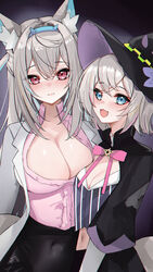  2girls absurdres animal_ears black_capelet black_headwear black_skirt blue_eyes blue_hairband blush breasts capelet center_frills cleavage coat cosplay covered_navel cropped_shirt dog_ears dog_girl fangs frills fuwawa_abyssgard grey_hair hairband hat highres hololive hololive_english lab_coat large_breasts miniskirt mococo_abyssgard multiple_girls murasaki_shion murasaki_shion_(1st_costume) murasaki_shion_(cosplay) navel open_clothes open_coat open_mouth pencil_skirt pink_eyes pink_shirt pinstripe_pattern pinstripe_shirt purple_headwear rifufu shirt siblings sisters skirt striped_clothes striped_shirt twins vertical-striped_clothes vertical-striped_shirt virtual_youtuber witch_hat yuzuki_choco yuzuki_choco_(1st_costume) yuzuki_choco_(cosplay) 