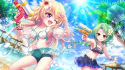  2girls :p aiming beach beach_umbrella bikini bikini_skirt blonde_hair blue_bikini blue_nails blue_skirt blue_sky braid braided_ponytail breasts cleavage closed_mouth cloud collarbone day detached_sleeves dot_nose dutch_angle earrings film_grain flower forehead front-tie_bikini_top front-tie_top game_cg green_bikini green_hair hair_flower hair_ornament hands_up hasegawa_mii hibiscus holding holding_water_gun izumi_tsubasu jewelry lens_flare long_braid long_hair medium_breasts mismatched_bikini multiple_girls navel non-circular_lens_flare non-web_source ocean official_art one_eye_closed open_mouth outdoors palm_tree purple_eyes re:stage! see-through see-through_sleeves shirokita_kuroha sideboob single_braid skirt sky small_breasts smile sparkle sparkling_eyes sun swimsuit tongue tongue_out tree trigger_discipline umbrella water_gun white_bikini white_flower yellow_eyes 