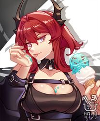  :p arknights bare_shoulders black_dress breasts cleavage commentary dress drop_shadow female food food_on_body food_on_breasts food_on_hand hair_intakes hakuramen hands_up holding holding_food horns ice_cream large_breasts looking_at_viewer medium_hair purple_eyes red_hair solo surtr_(arknights) tongue tongue_out upper_body zipper zipper_pull_tab 