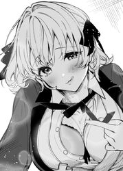  :q bra breasts closed_mouth collared_shirt female giuniu greyscale hair_intakes hair_ribbon highres jacket monochrome neck_ribbon novel_illustration official_art open_clothes open_jacket otoko_girai_na_bijin_shimai_wo_namae_mo_tsugezu_ni_tasuketara_ittai_dounaru? partially_unbuttoned ribbon second-party_source shinjou_aina_(otomai) shirt short_hair solo sweat tongue tongue_out underwear upper_body 