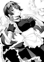  apron blush breasts buttons choker collared_dress dress female frilled_apron frilled_dress frills giuniu greyscale heart heart_background highres large_breasts long_hair maid maid_apron maid_headdress monochrome novel_illustration official_art otoko_girai_na_bijin_shimai_wo_namae_mo_tsugezu_ni_tasuketara_ittai_dounaru? second-party_source shinjou_arisa_(otomai) solo sparkle 