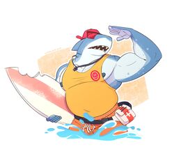  1boy absurdres backwards_hat bara baseball_cap belly belt bite_mark black_belt blue_skin colored_skin cross_scar demonik_bear first_aid_kit fortnite furry furry_male gills hand_up hat highres holding holding_surfboard large_pectorals looking_to_the_side male_focus male_swimwear multicolored_skin muscular muscular_male nipple_slip nipples open_mouth outline pectorals plump red-tinted_eyewear red_hat red_male_swimwear scar scar_on_shoulder shark_boy shark_fin sharp_teeth sidepec solo steve_(fortnite) surfboard tank_top teeth tinted_eyewear twitter_username two-tone_skin upper_body variant_set wading whistle whistle_around_neck white_outline yellow_tank_top 