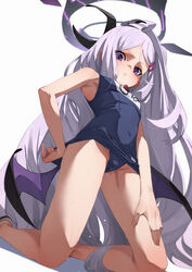  bare_arms bare_legs bare_shoulders black_horns black_one-piece_swimsuit blue_archive blush breasts closed_mouth demon_horns demon_wings female fu-ta grey_hair halo hand_on_own_leg highres hina_(blue_archive) hina_(swimsuit)_(blue_archive) horns kneeling long_hair multiple_horns name_tag official_alternate_costume one-piece_swimsuit purple_eyes purple_wings sandals school_swimsuit simple_background small_breasts solo swimsuit white_background wings 