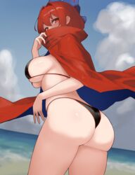  absurdres ass beach bikini black_bikini blue_bow blue_sky bow breasts cape cloud cloudy_sky cowboy_shot female hair_between_eyes hand_up highres large_breasts looking_at_viewer moriforest1040 outdoors red_cape red_eyes red_hair sekibanki short_hair sideboob sky solo swimsuit touhou water 