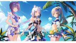  3girls absurdres animal_ears bare_shoulders beach bikini bikini_skirt black_bikini black_sarong blue_bikini blue_eyes blue_halo blue_one-piece_swimsuit blue_sky braid bronya_zaychik bronya_zaychik_(herrscher_of_truth) cat_ears center_opening clothing_cutout flower grey_eyes grey_hair hair_between_eyes hair_flower hair_ornament halo highres homu_(honkai_impact) honkai_(series) honkai_impact_3rd huang_tie_lin kiana_kaslana kiana_kaslana_(herrscher_of_finality) kiana_kaslana_(selenic_ripples)_(honkai_impact) long_hair looking_at_viewer multiple_girls one-piece_swimsuit palm_tree ponytail purple_eyes purple_hair raiden_mei raiden_mei_(crooning_tides)_(honkai_impact) raiden_mei_(herrscher_of_origin) sarong see-through see-through_sleeves side_cutout single_braid sky stomach summer swimsuit thighs tree white_hair 