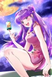  bell bottle breasts china_dress chinese_clothes cloud cloudy_sky double_bun dress female floral_print from_side hair_bell hair_bun hair_ornament highres holding holding_bottle huge_moon long_hair lotus_print moon open_mouth pink_dress pocyakko_m print_dress purple_hair ranma_1/2 shampoo_(ranma_1/2) shampoo_bottle sidelocks sitting sky solo star_(sky) starry_sky teeth thighhighs upper_teeth_only 