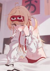  ahoge bed blonde_hair bongk digital_thermometer female highres hololive hololive_dev_is long_hair messy_hair mouth_hold navel one_eye_closed otonose_kanade panties red_panties sick tears thermometer under_covers underwear virtual_youtuber 