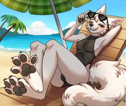  4_toes 5_fingers absurd_res anthro beach beach_chair beach_umbrella black_claws black_clothing black_nose black_one-piece_swimsuit black_pawpads blush canid canine canis chair claws clothing cloud crossed_legs day detailed_background digitigrade eyewear eyewear_on_head feet female finger_claws fingers flat_chested foot_focus fur furniture green_umbrella hand_behind_head hi_res konejo lifting_glasses lily_(atrumpet) lounge_chair lounging lying mammal nipple_outline on_back one-piece_swimsuit one_eye_closed palm_tree parasol pawpads paws plant sand seaside smile solo spread_toes sunglasses sunglasses_on_head swimwear tail toe_claws toes tree turtleneck_swimsuit umbrella water white_body white_fur wink wolf 