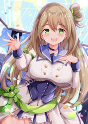  blue_archive blue_choker blush breasts choker commentary_request cowboy_shot detached_sleeves dress female green_eyes green_halo hair_between_eyes halo highres large_breasts light_brown_hair long_hair looking_at_viewer mischievous_straight_uniform_(blue_archive) nonomi_(blue_archive) official_alternate_costume open_mouth smile solo white_dress white_sleeves xenon_(for_achieve) 