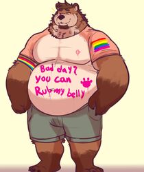  anthro arm_markings bear belly body_writing brown_hair claws english_text facial_hair feet finger_claws foot_markings hair heart_symbol hi_res leg_markings lgbt_pride male mammal markings one_eye_closed pansexual_pride_colors pecs pride_color_accessory pride_colors rainbow_flag rainbow_pride_flag rainbow_symbol razigator simple_background solo text toe_claws wink 