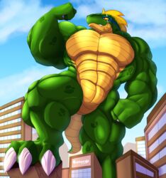  2023 abs anthro big_biceps big_muscles big_pecs blonde_hair building building_destruction city cloud day destruction eye_scar facial_scar fangs featureless_crotch flexing flexing_bicep foot_on_object frill_(anatomy) green_body green_scales hair head_crest head_frill hi_res koragos koragos_(character) lizardman looking_at_self macro male muscular muscular_anthro muscular_arms muscular_male muscular_thighs outside pecs quads scales scalie scar signature sky smile solo tail tailbutt teeth yellow_eyes yellow_underbelly 