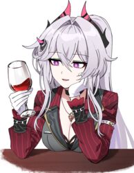  alcohol alternate_costume alternate_hairstyle black_bra black_horns black_vest bra bra_peek breasts bright_pupils cleavage cup demon_horns drinking_glass elbow_rest female gloves grey_hair hair_between_eyes hair_intakes head_rest highres holding holding_cup honkai_(series) honkai_impact_3rd horns jacket jewelry lix_(iroiro3843) long_hair looking_at_cup medium_breasts multicolored_horns necklace open_mouth pink_horns pinstripe_jacket pinstripe_pattern ponytail purple_eyes red_jacket red_suit side_horn sidelocks simple_background smile suit thelema_(honkai_impact) two-tone_horns underwear upper_body very_long_hair vest white_background white_gloves white_pupils wine wine_glass 