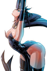  alternate_color alternate_eye_color alternate_skin_color animification arms_up ass bare_hips bare_shoulders black_cloak black_dress black_leotard breasts cape cleavage cleft_of_venus cloak davecavedraws dc_comics dress english_commentary female from_side green_eyes highres hood hooded_cloak leotard looking_up medium_breasts narrow_waist parted_lips raven_(dc) shiny_clothes shiny_skin short_hair sideboob solo stretching teen_titans thighs white_background 