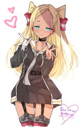  absurdres amatsukaze_(kancolle) amatsukaze_(kancolle)_(cosplay) aqua_eyes ascot blonde_hair blush brown_dress chigasaki_yukari closed_mouth commentary_request cosplay dark-skinned_female dark_skin dress female forehead garter_straps gloves grey_ascot hair_tubes hands_up heart highres idolmaster idolmaster_cinderella_girls kantai_collection layla_(idolmaster) long_hair long_sleeves looking_at_viewer red_thighhighs sailor_collar sailor_dress second-party_source simple_background single_glove solo striped_clothes striped_thighhighs thighhighs two_side_up white_background white_gloves white_sailor_collar 