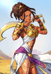  abs armlet armor brown_hair criss-cross_halter dark-skinned_female dark_skin desert dreadlocks egyptian_clothes facial_tattoo female greaves grey_eyes halterneck highres khopesh muscular muscular_female original pauldrons robusta_mania shoulder_armor signature skirt smile solo tattoo thick_thighs thighs toned very_dark_skin 