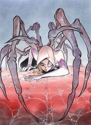  animal_print arthropod_limbs black_sclera blonde_hair blue_eyes bodysuit broken_mask colored_sclera extra_legs female gwen_stacy highres hood hooded_bodysuit looking_at_viewer marvel mask parted_lips peach_momoko silk solo spider-gwen spider-man_(series) spider_print spider_web spider_web_print two-tone_bodysuit 