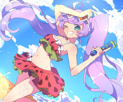  ahoge aqua_eyes arm_up beach bikini bikini_skirt blue_sky blush bow breasts cloud day female food_print frilled_bikini frills grin hand_up heart heart-shaped_eyewear highres holding holding_water_gun long_hair looking_at_viewer manaka_laala navel nojima_minami one_eye_closed open_mouth outdoors pretty_series pripara purple_hair red_bikini sky small_breasts smile solo sunglasses swimsuit twintails very_long_hair water water_gun watermelon_print wet white_bow 