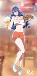  alcohol alternate_costume artist_logo bare_legs beer beer_mug blue_eyes blue_hair blurry blurry_background brand_of_the_exalt breasts chicken_(food) chicken_leg commission crop_top cup female fire_emblem fire_emblem_awakening fire_emblem_heroes foam food full_body grin hairband highres holding holding_cup holding_food holding_tray hooters indoors legs long_hair looking_at_viewer lucina_(fire_emblem) midriff mug navel no_legwear orange_shorts parted_lips pixiv_commission r3dfive red_lips shoes short_shorts shorts small_breasts smile sneakers solo standing stomach tank_top thighs tiara tray very_long_hair waitress wavy_hair white_footwear white_tank_top 