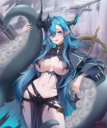  :d absurdres artist_name azur_lane belt black_belt black_dress blue_coat blue_eyes blue_hair blue_horns breasts coat commentary_request cowboy_shot dress female hair_between_eyes highres horns large_breasts long_hair looking_at_viewer mary_celeste_(azur_lane) maze_(sherlock5230) navel open_clothes open_coat open_mouth pointy_ears revealing_clothes ship ship&#039;s_wheel sidelocks smile solo standing stomach tentacle torn_clothes underboob watercraft 