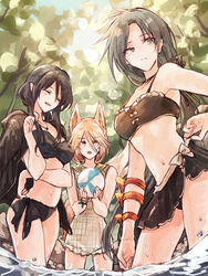  3girls :d ^_^ alternate_costume animal_ear_fluff animal_ears ball bikini black_bikini black_hair black_jacket blonde_hair bow brown_tail closed_eyes closed_mouth contrapposto cowboy_shot day fox_ears fox_girl fox_tail from_below green_one-piece_swimsuit grey_hair hair_between_eyes hand_in_own_hair hand_up highres himemushi_momoyo hisona_(suaritesumi) holding holding_ball iizunamaru_megumu jacket jacket_on_shoulders kudamaki_tsukasa light_blush long_bangs long_hair long_sleeves multiple_girls navel one-piece_swimsuit open_clothes open_jacket open_mouth orange_bow outdoors playing_with_own_hair pointy_ears pond sidelocks smile standing swimsuit tail touhou wading water white_bow yellow_eyes yellow_tail 