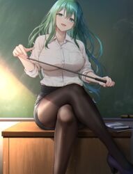  absurdres black_pantyhose black_skirt board_eraser book breast_pocket breasts chalkboard crossed_legs date_a_live fantasia_re:build female green_eyes green_hair high_heels highres jpeg_artifacts large_breasts light long_hair natsumi_(date_a_live) oekakizuki official_art open_mouth pantyhose pink_nails pocket shirt sitting sitting_on_table skirt solo white_shirt 