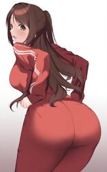  arched_back ass blush breasts brown_eyes brown_hair clothes_tug female gym_uniform idolmaster idolmaster_cinderella_girls kurokura_eri large_breasts long_hair looking_at_viewer looking_back open_mouth pantylines parted_bangs ponytail shimamura_uzuki sidelocks simple_background track_suit twitter_username 