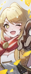  ;d black_shirt blonde_hair breasts brown_gloves brown_jacket cleavage commentary confetti diamond-shaped_pupils diamond_(shape) female foreshortening gloves grey_background hair_between_eyes hair_ornament hand_up high_ponytail highres jacket light_particles long_hair long_sleeves looking_at_viewer medium_breasts one_eye_closed ootsuki_aruru open_clothes open_jacket open_mouth outstretched_arm pointing pointing_at_viewer ponytail red_scarf scarf shirt shoujo_kageki_revue_starlight shoujo_kageki_revue_starlight_-re_live- simple_background smile solo star_(symbol) star_hair_ornament swept_bangs symbol-shaped_pupils tareko two-tone_shirt upper_body v-shaped_eyebrows white_shirt yellow_eyes 