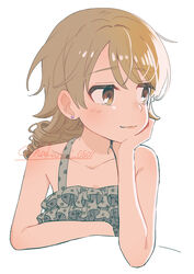  blush collarbone cropped_torso dress drill_hair earrings female hand_on_own_cheek hand_on_own_face highres idolmaster idolmaster_cinderella_girls jewelry light_brown_hair light_smile looking_to_the_side morikubo_nono polka_dot polka_dot_dress shisui_(5830217) simple_background sleeveless sleeveless_dress solo stud_earrings twitter_username white_background 