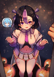  1other :d ^_^ absurdres bare_shoulders black_hair blue_hair blush breasts closed_eyes earrings english_commentary female goddess_of_victory:_nikke highres jack-o&#039;-lantern jewelry jimpu6 looking_at_viewer medium_hair midriff mole mole_under_eye navel open_mouth pleated_skirt pov purple_eyes purple_hair shifty_(nikke) skirt smile syuen_(nikke) 