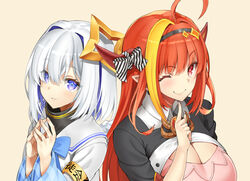  2girls ahoge amane_kanata amane_kanata_(1st_costume) armband black_hairband blonde_hair blue_bow blue_bowtie blue_eyes bow bowtie breasts cleavage cleavage_cutout close-up clothing_cutout colored_inner_hair diagonal-striped_bow diagonal_stripes dragon_girl dragon_horns grey_hair hair_ornament hairband hairbow hololive horns kiryu_coco kiryu_coco_(1st_costume) large_breasts long_hair multicolored_hair multiple_girls murata_taichi one_eye_closed orange_eyes orange_hair sailor_collar school_uniform streaked_hair striped two-tone_bow virtual_youtuber white_sailor_collar yellow_armband 