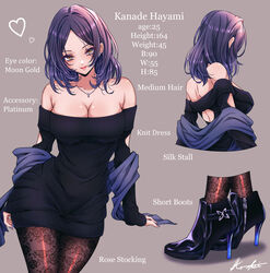  aged_up alternate_hairstyle arm_cutout back_cutout bare_shoulders black_dress black_footwear black_pantyhose blue_hair blue_shawl blush breasts brown_background character_age character_profile cleavage close-up clothing_cutout collarbone commentary_request dark_blue_hair dress english_text female hayami_kanade high_heels highres idolmaster idolmaster_cinderella_girls koya_(koya_x_00) large_breasts looking_at_viewer median_furrow medium_hair multiple_views off-shoulder_dress off_shoulder pantyhose parted_bangs parted_lips shawl signature simple_background smile stiletto_heels three_sizes 