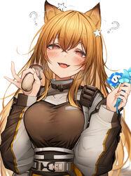  ? absurdres animal_ear_fluff animal_ears arknights belt blush breasts breath brown_jacket ceobe_(arknights) dog_ears dog_girl extra_ears fangs female hair_between_eyes hands_up highres holding holding_mushroom jacket light_brown_hair long_hair long_sleeves looking_at_viewer mario_(series) multicolored_clothes multicolored_jacket mushroom open_mouth red_eyes simple_background solo star_(symbol) super_mario_bros._wonder tab_head two-tone_jacket upper_body white_background white_jacket wonder_flower 