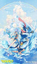  1boy aqua_eyes aqua_hair artist_name ball beachball blue_hair blue_theme brionne bubble cloud commentary copyright_name copyright_notice female greninja hatsune_miku highres ixima kaito_(vocaloid) official_art open_mouth orange_eyes piano_print pokemon pokemon_(creature) project_voltage rainbow sitting sparkle surfboard surfing twintails visor_cap vocaloid water water_miku_(project_voltage) 