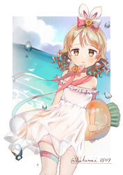  alternate_costume blush dress feet_out_of_frame female highres idolmaster idolmaster_cinderella_girls inflatable_carrot light_brown_hair looking_at_viewer morikubo_nono off-shoulder_dress off_shoulder see-through see-through_dress shisui_(5830217) solo thigh_strap twitter_username white_dress 