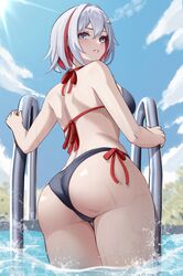  ass ass_focus bare_arms bare_shoulders bikini black_bikini blue_eyes blue_sky cloud day english_commentary female from_behind grey_hair highres honkai:_star_rail honkai_(series) huge_ass looking_at_viewer looking_back multicolored_hair outdoors parted_lips red_hair short_hair sky solo streaked_hair swimsuit thighs topaz_(honkai:_star_rail) water yan_kodiac 