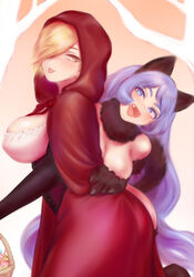  2girls :d animal_ears animal_hands blonde_hair blue_eyes blue_hair boku_no_hero_academia breasts cape cat_ears cat_tail cleavage hadou_nejire hair_over_one_eye highres hood hood_up hooded_cape large_breasts light_blue_hair long_hair multiple_girls oerba_yun_fang open_mouth red_cape ryuukyuu short_hair shpo smile tail tongue tongue_out very_long_hair yellow_eyes 