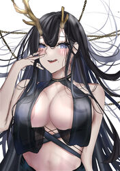  absurdres antlers asymmetrical_horns azur_lane black_hair blue_eyes blush breasts chains cleavage dismaer female golden_hind_(azur_lane) highres horns large_breasts licking_lips midriff mole mole_under_mouth revealing_clothes tongue tongue_out upper_body 