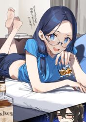  2girls 92m alcohol barefoot black-framed_eyewear black_hair blue_eyes blue_hair blue_scrunchie blue_shirt bottle closed_eyes cup dateko_(92m) drinking_glass feet glasses highres jack_daniel&#039;s kakita_(92m) legs looking_at_viewer lying multiple_girls on_stomach opaque_glasses open_mouth original scrunchie shirt soles the_pose toes translated wavy_mouth wine wine_bottle wine_glass 