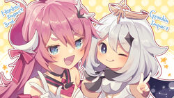  2girls :q asymmetrical_horns blue_eyes blush commentary_request crossover dress genshin_impact gloves hair_between_eyes halo highres honkai_(series) honkai_impact_3rd horns koga_aoi long_hair long_sleeves mechanical_horns mihoyo mismatched_horns multiple_girls oerba_yun_fang open_mouth paimon_(genshin_impact) pink_hair polka_dot polka_dot_background romper rozaliya_olenyeva scarf shirase_(shirose) simple_background skin_fang star_(symbol) tongue tongue_out upper_body v voice_actor_connection w white_dress white_gloves white_hair white_romper yellow_background 