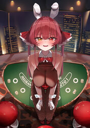  absurdres animal_ears blush bodystocking breasts cityscape cleavage fake_animal_ears female fishnet_pantyhose fishnets gloves hair_ribbon heterochromia highres hololive houshou_marine leotard long_hair looking_at_viewer open_mouth pantyhose playboy_bunny poker_chip poker_table rabbit_ears red_eyes red_hair red_leotard red_ribbon ribbon smile solo table twintails virtual_youtuber white_gloves white_wrist_cuffs wrist_cuffs yellow_eyes yuzuyukiha 