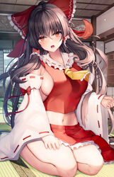  architecture ascot bare_shoulders black_hair blush bow breasts commentary_request crop_top detached_sleeves east_asian_architecture female floating_hair frilled_bow frilled_hair_tubes frills hair_between_eyes hair_ornament hair_tubes hairbow hakurei_reimu head_tilt highres indoors kneeling lap_pillow_invitation large_breasts liya long_hair long_sleeves looking_at_viewer midriff navel no_bra nontraditional_miko open_mouth orange_eyes red_bow red_skirt sideboob sitting skirt solo thighs touhou very_long_hair wariza white_sleeves wide_sleeves yellow_ascot 