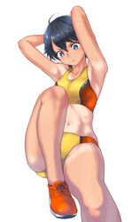  :&lt; abs armpits black_hair blue_eyes commentary female fujisawa_takashi highres original short_hair solo tan tanlines track_uniform white_background 