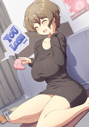  absurdres bare_legs bed beer_can black_sweater blush breasts brown_hair can chips_(food) closed_eyes collarbone commentary_request controller curtains drink_can female food game_controller hair_between_eyes highres holding holding_controller holding_game_controller indoors large_breasts long_sleeves mole mole_under_eye on_floor open_mouth original poster_(object) potato_chips ribbed_sweater sakamata_(sakamata4) sitting smile solo sweater thighs wariza 