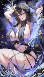  absurdres antlers arms_up asymmetrical_horns azur_lane black_dress black_hair blue_eyes blush breasts cleavage dress female golden_hind_(azur_lane) heart heart-shaped_pupils highres horns huge_breasts large_breasts long_hair looking_at_viewer mole mole_under_mouth navel reindeer_antlers revealing_clothes smile solo stomach symbol-shaped_pupils tansuan_(ensj3875) tentacle tongue tongue_out 