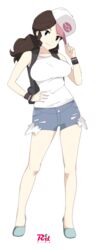  absurdres agedo artist_logo bare_legs baseball_cap black_vest blue_eyes blue_shorts breasts brown_hair closed_mouth cosplay denim denim_shorts female full_body hand_on_headwear hand_on_own_hip hat highres hilda_(pokemon) hilda_(pokemon)_(cosplay) large_breasts long_hair looking_at_viewer mature_female pokemon pokemon_bw ponytail r3dfive shoes short_shorts shorts simple_background smile solo standing tank_top thighs tilted_headwear torn_clothes torn_shorts undersized_clothes unova_mother_(bw) vest white_background white_tank_top wristband 