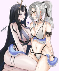  2girls absurdres artist_name asymmetrical_docking azur_lane bikini black_eyes black_hair blush breast_press breasts cleavage drake_(azur_lane) drake_(the_golden_hind&#039;s_respite)_(azur_lane) golden_hind_(azur_lane) grey_hair heart highres historical_connection large_breasts looking_at_another mightyplem multiple_girls name_connection navel nervous_sweating official_alternate_costume ponytail sweat swimsuit tentacle white_bikini yellow_eyes yuri 