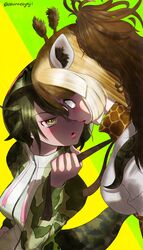  absurdres aburaeoyaji animal_ears animal_print black_hair blonde_hair blush breasts brown_hair commentary eye_contact giraffe_ears giraffe_horns giraffe_print hair_between_eyes highres hood hood_up hooded_jacket horns jacket kemono_friends long_hair long_sleeves looking_at_another medium_breasts multicolored_hair multiple_girls okinawa_habu_(kemono_friends) open_mouth print_scarf reticulated_giraffe_(kemono_friends) scarf scarf_pull shirt short_hair skirt snake_hood snake_print snake_tail tail two-tone_hair white_hair yellow_eyes 